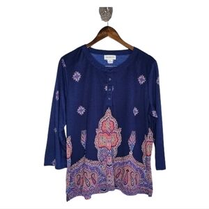 Liz Claiborne boho navy orange abstract paisley print raglan sleeve blouse top